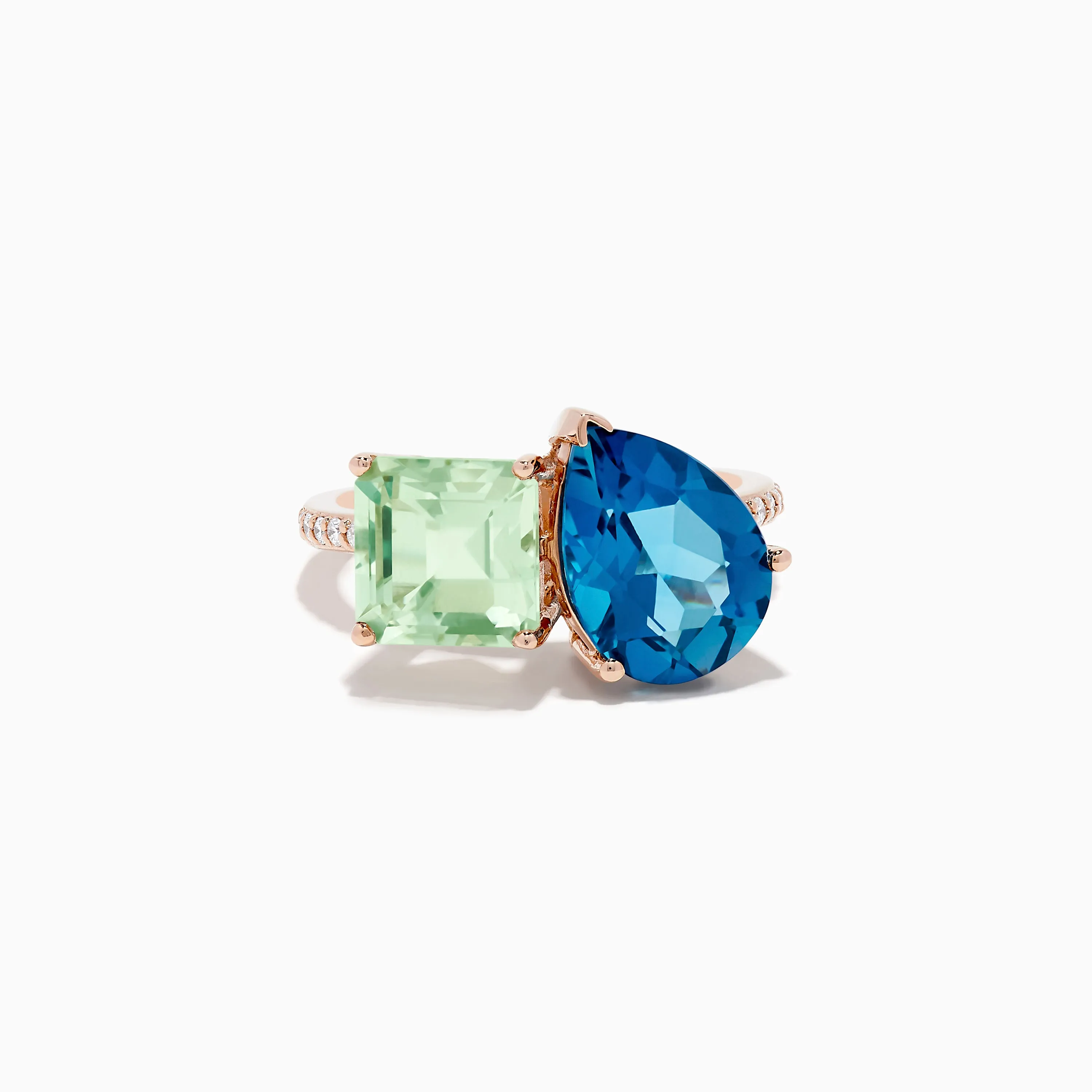 14K Gold Diamond, Green Amethyst, and London Blue Topaz Toi Et Moi Ring