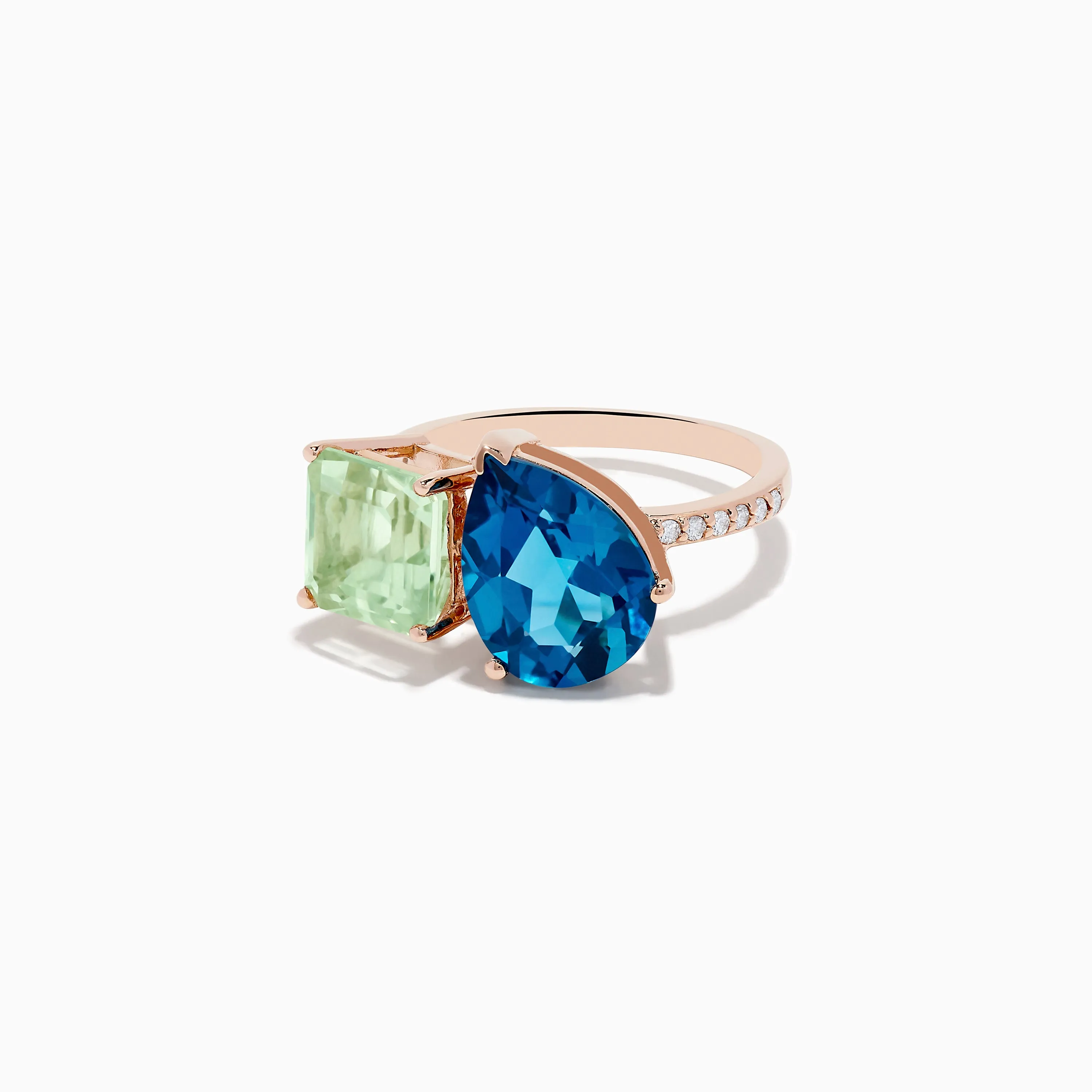 14K Gold Diamond, Green Amethyst, and London Blue Topaz Toi Et Moi Ring