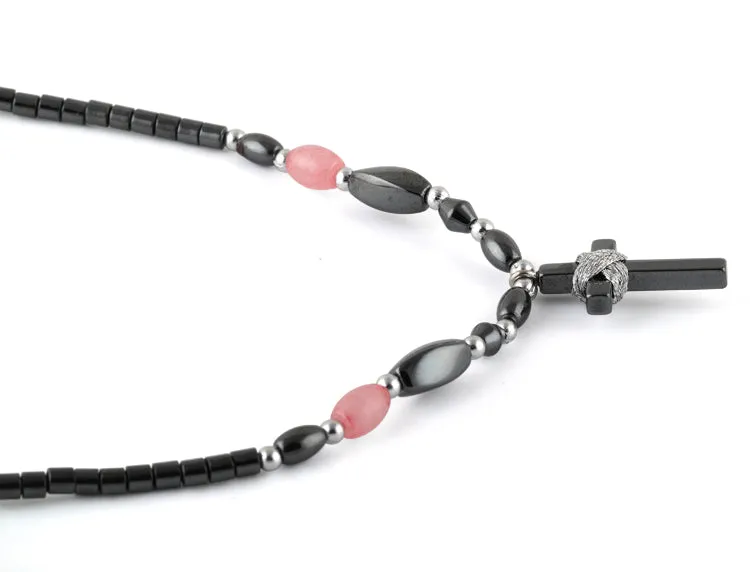 18" Small Cross w/ Pink Beads Hematite Necklace