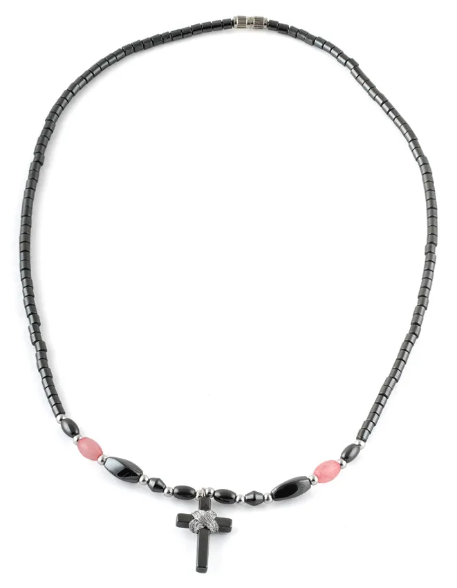 18" Small Cross w/ Pink Beads Hematite Necklace