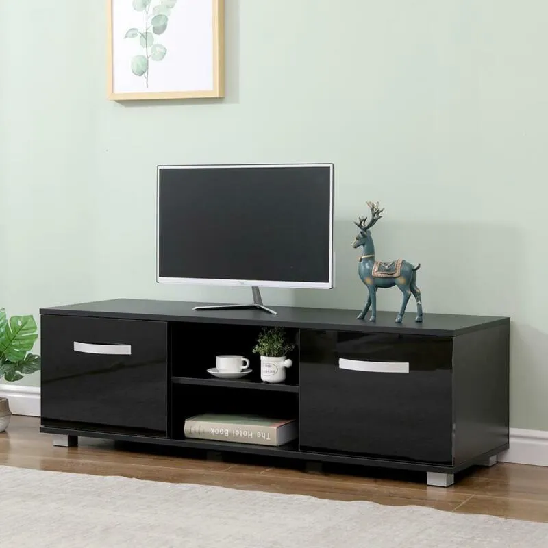 2 Door 2 Open Shelves Black Wide TV Unit