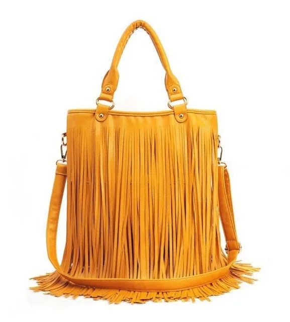 2016 Women Bags Leather Solid Street Western Punk Tassel Fringe Casual Handbag Womens Shoulder  Bag