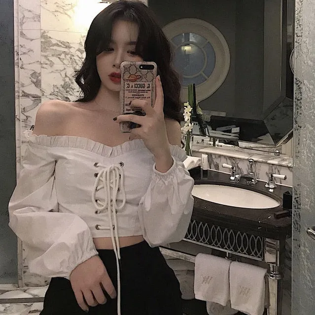 2021 Women's Off Shoulder Top Long Sleeve Ruffle Vintage Blouse With Puff Sleeve Crop Tops One Size Cosplay