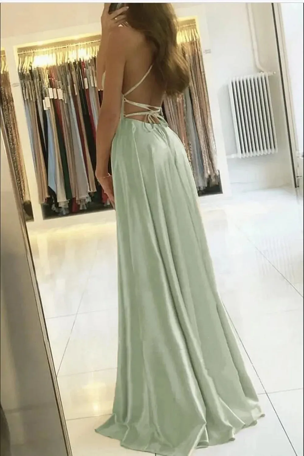 2024 Sexy Backless Satin Evening Gown | Elegant Navy Blue Prom Dress with Slit | Long Spaghetti Strap Formal Party Dress