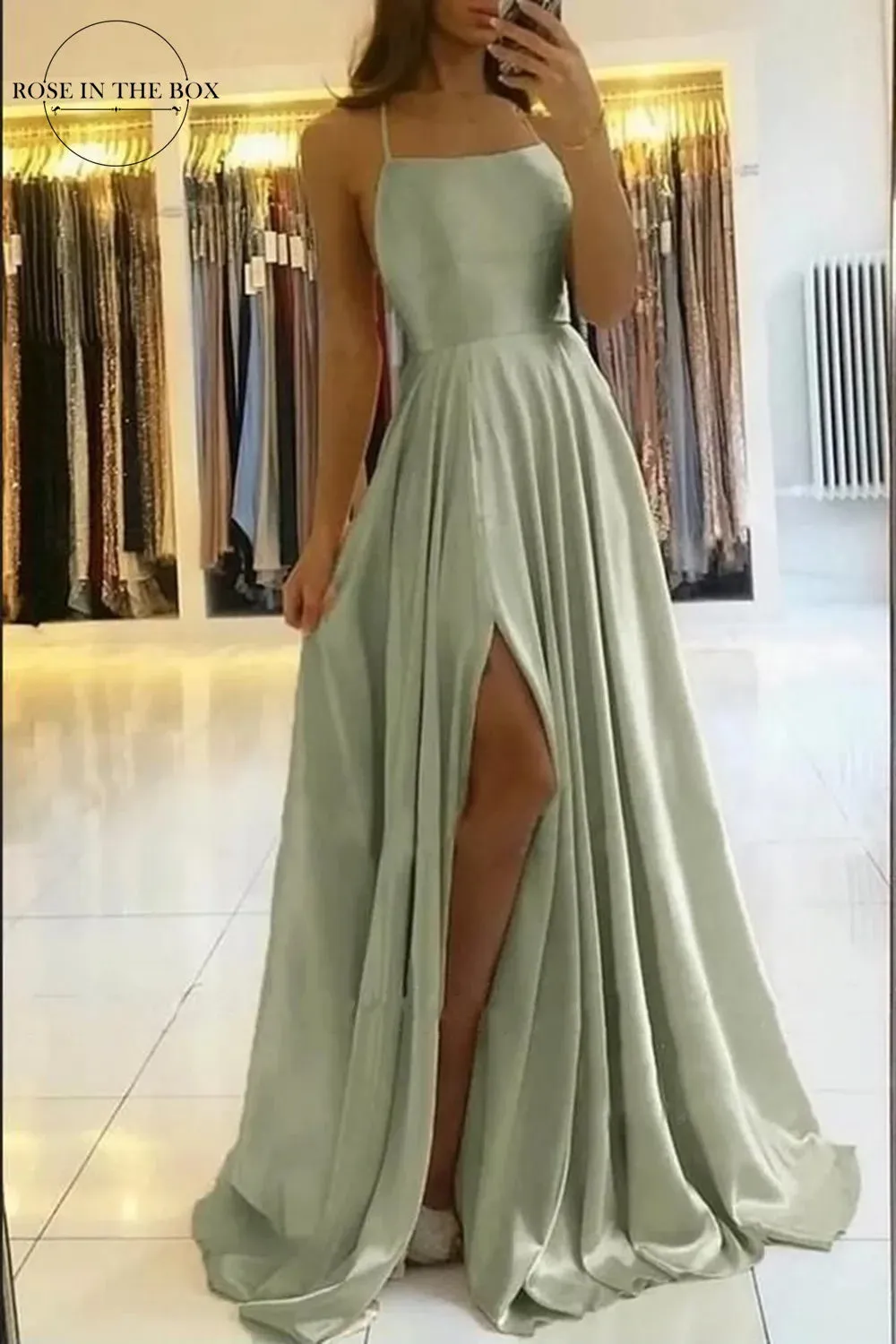 2024 Sexy Backless Satin Evening Gown | Elegant Navy Blue Prom Dress with Slit | Long Spaghetti Strap Formal Party Dress