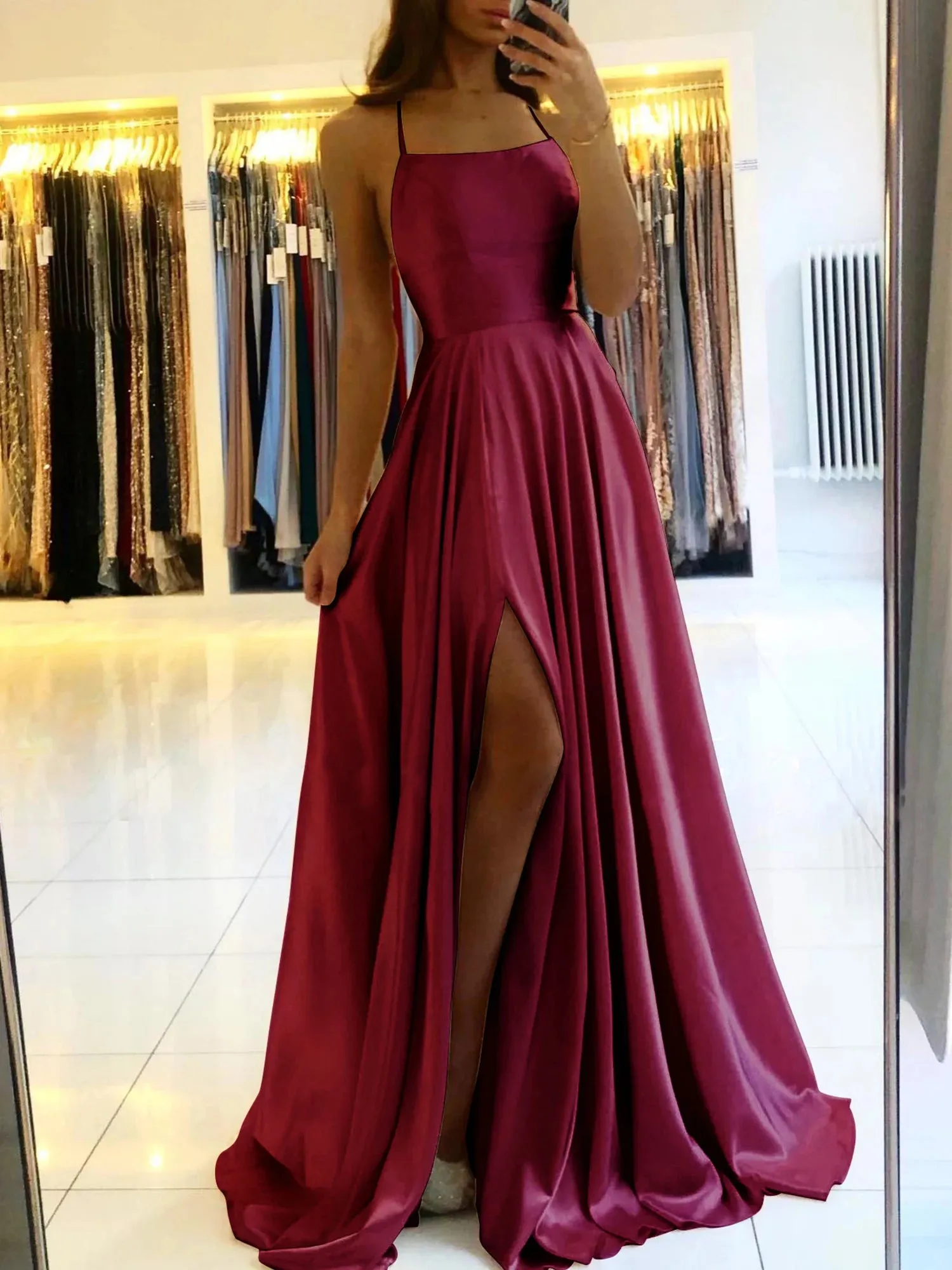 2024 Sexy Backless Satin Evening Gown | Elegant Navy Blue Prom Dress with Slit | Long Spaghetti Strap Formal Party Dress