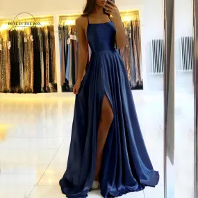 2024 Sexy Backless Satin Evening Gown | Elegant Navy Blue Prom Dress with Slit | Long Spaghetti Strap Formal Party Dress