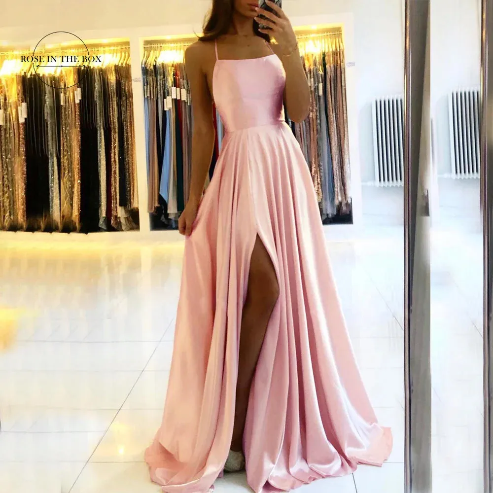 2024 Sexy Backless Satin Evening Gown | Elegant Navy Blue Prom Dress with Slit | Long Spaghetti Strap Formal Party Dress