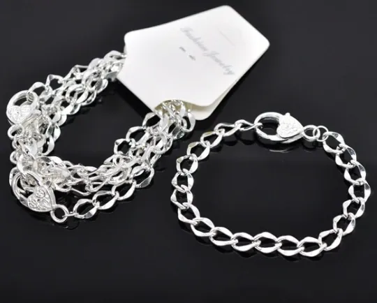 5 Silver Plated Heart Lobster Clasp Curb Link Chain Bracelets 20cm (7-7/8)  fch0034