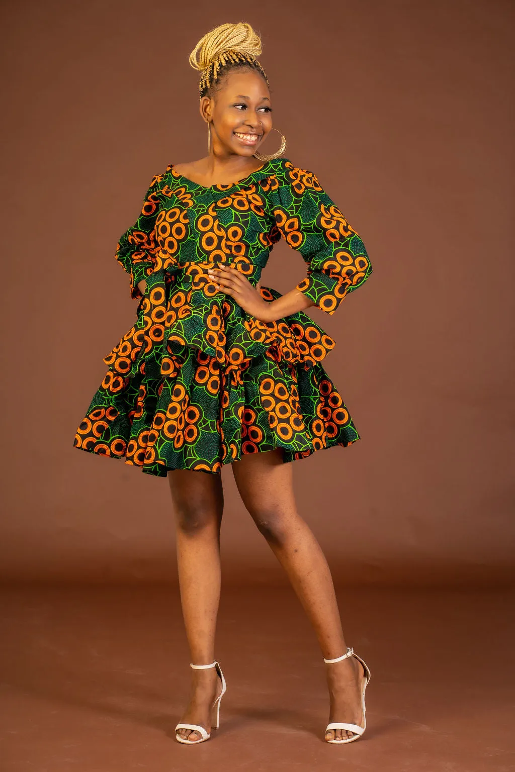 Abigail Ankara Short Midi Flare Dress | Green and Orange African Print