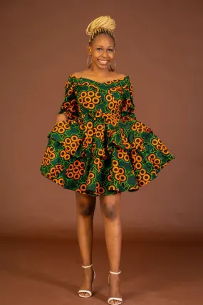 Abigail Ankara Short Midi Flare Dress | Green and Orange African Print