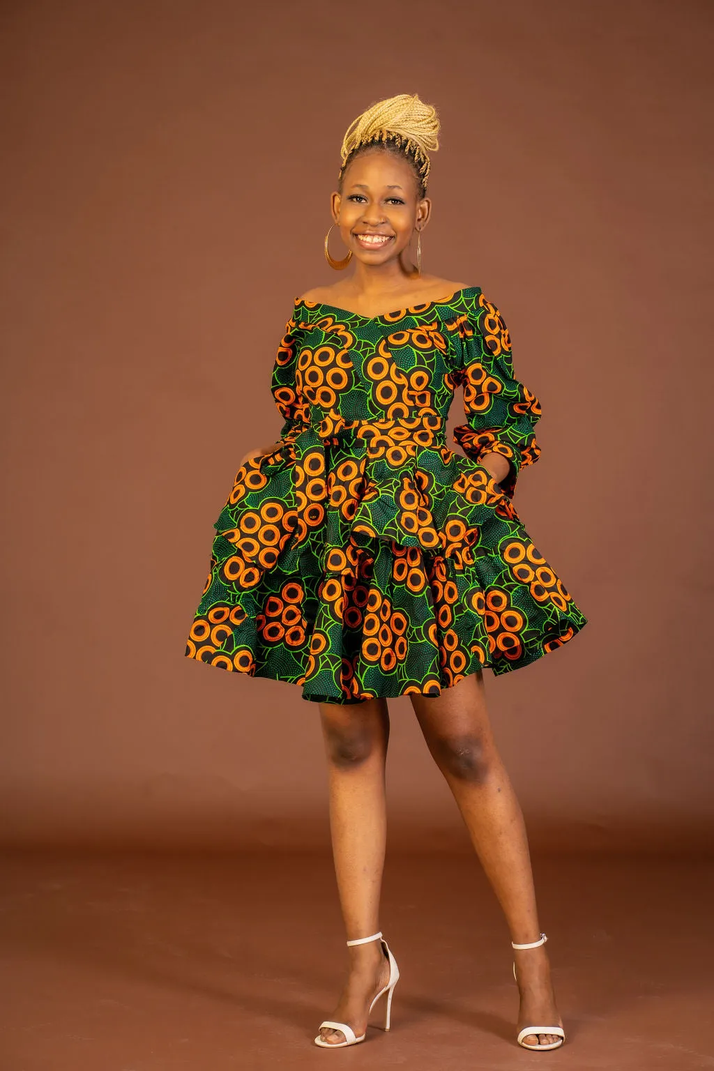 Abigail Ankara Short Midi Flare Dress | Green and Orange African Print