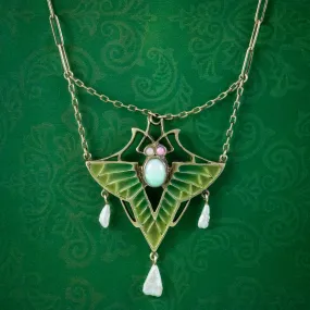 Antique Art Nouveau Plique A Jour Opal Pearl Butterfly Necklace Heinrich Levinger