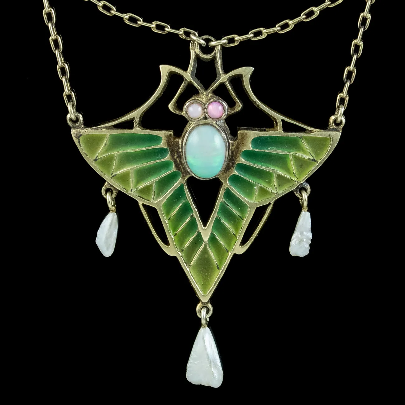 Antique Art Nouveau Plique A Jour Opal Pearl Butterfly Necklace Heinrich Levinger