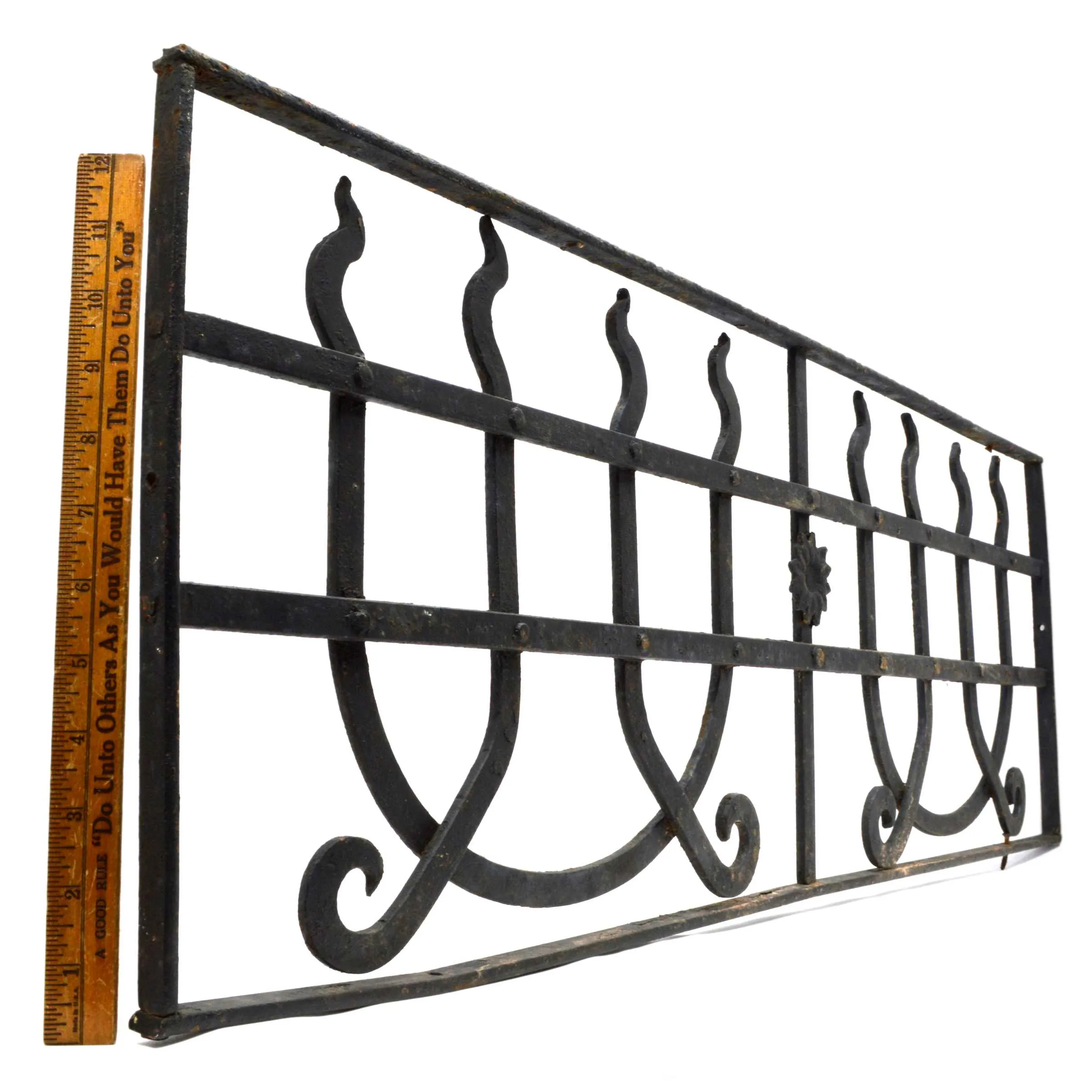 Antique WROUGHT IRON WINDOW GRILL 13x37 Door Insert GOTHIC/WITCHCRAFT MOTIF Rare