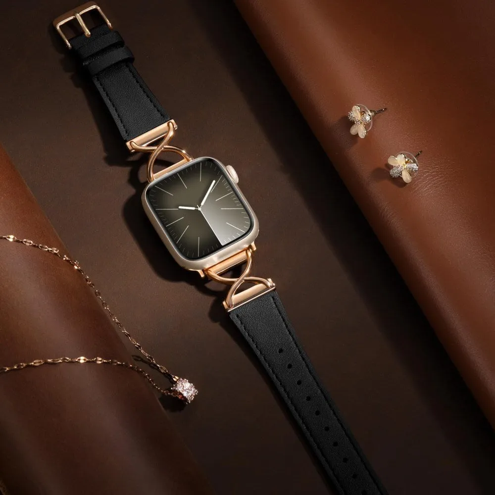 Apple Watch (38/40/SE/41mm) Klassisk Kunst Læder Rem - Sort / Rose Gold