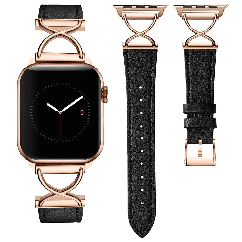 Apple Watch (38/40/SE/41mm) Klassisk Kunst Læder Rem - Sort / Rose Gold