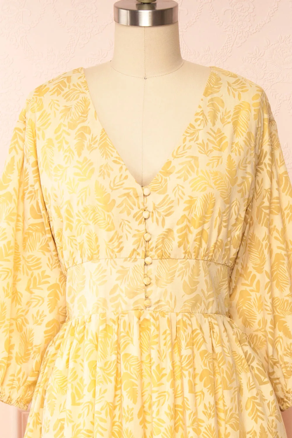 Archee | Leaf Pattern Yellow Midi Dress w/ 3/4 Sleeves