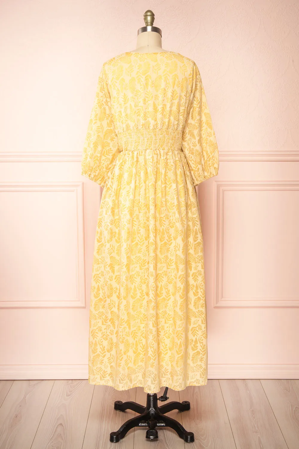 Archee | Leaf Pattern Yellow Midi Dress w/ 3/4 Sleeves