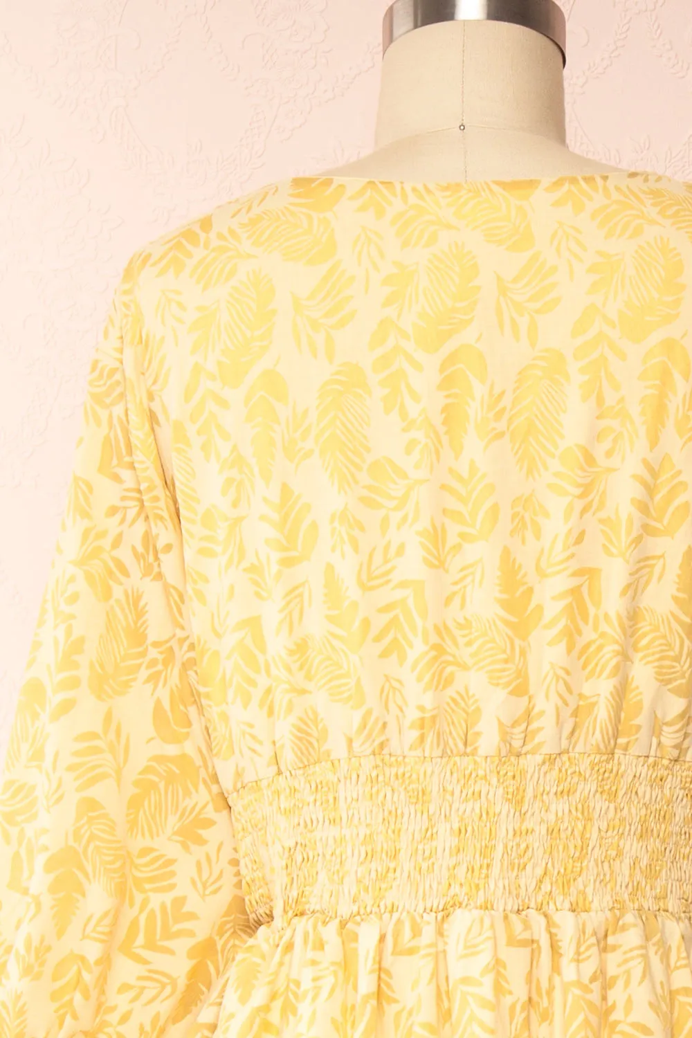 Archee | Leaf Pattern Yellow Midi Dress w/ 3/4 Sleeves