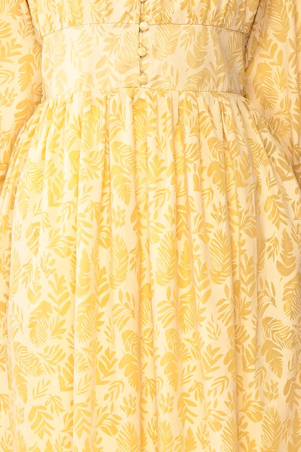 Archee | Leaf Pattern Yellow Midi Dress w/ 3/4 Sleeves