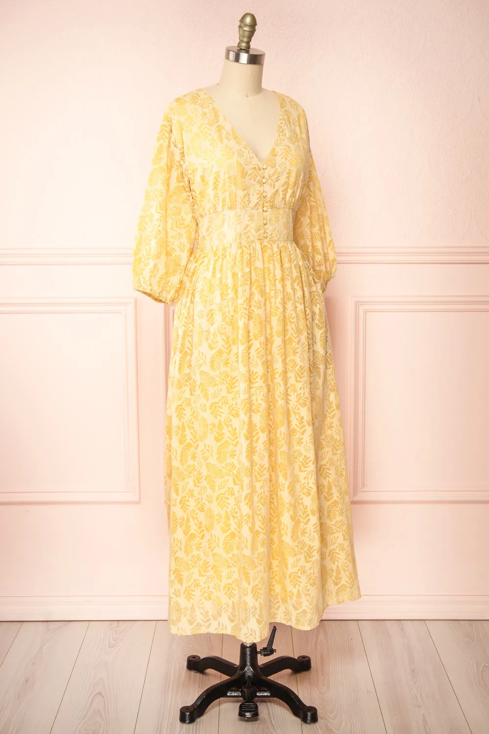 Archee | Leaf Pattern Yellow Midi Dress w/ 3/4 Sleeves