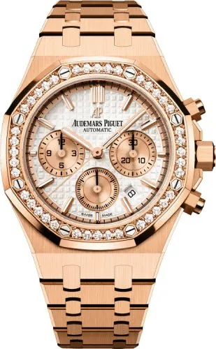 Audemars Piguet Royal Oak 38mm Chronograph Rose Gold Silver Dial Diamond Bezel - 26315OR.ZZ.1256OR.01