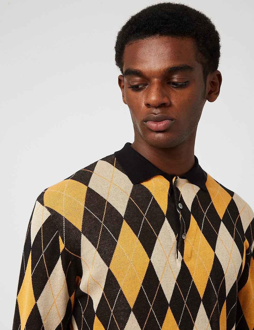 Beams Plus Knit Argyle Polo Shirt - Black