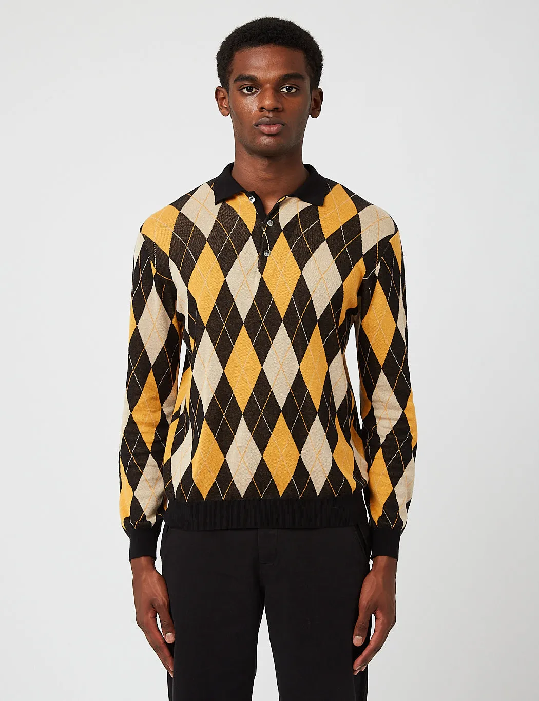 Beams Plus Knit Argyle Polo Shirt - Black