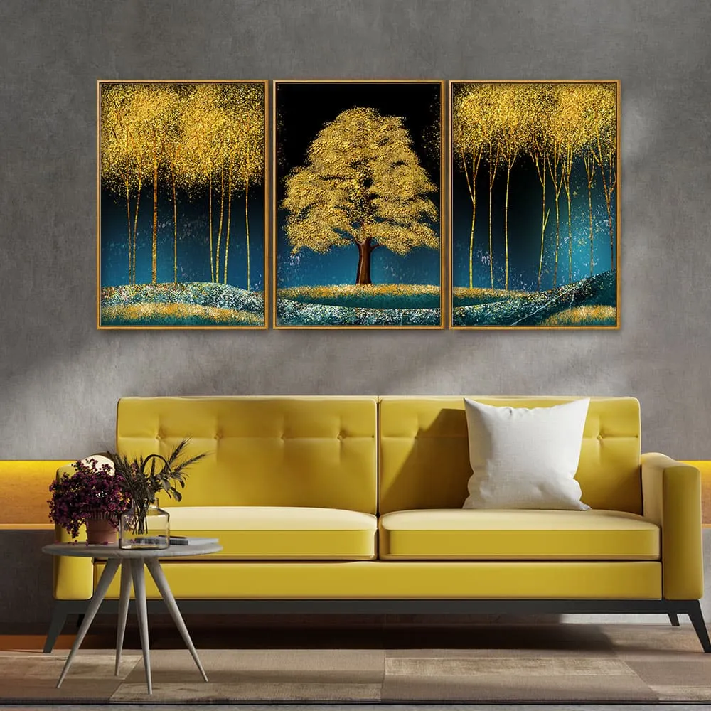 Beautiful Blue Sky and Golden Tree Floating Canvas Wall Painting Set of Three