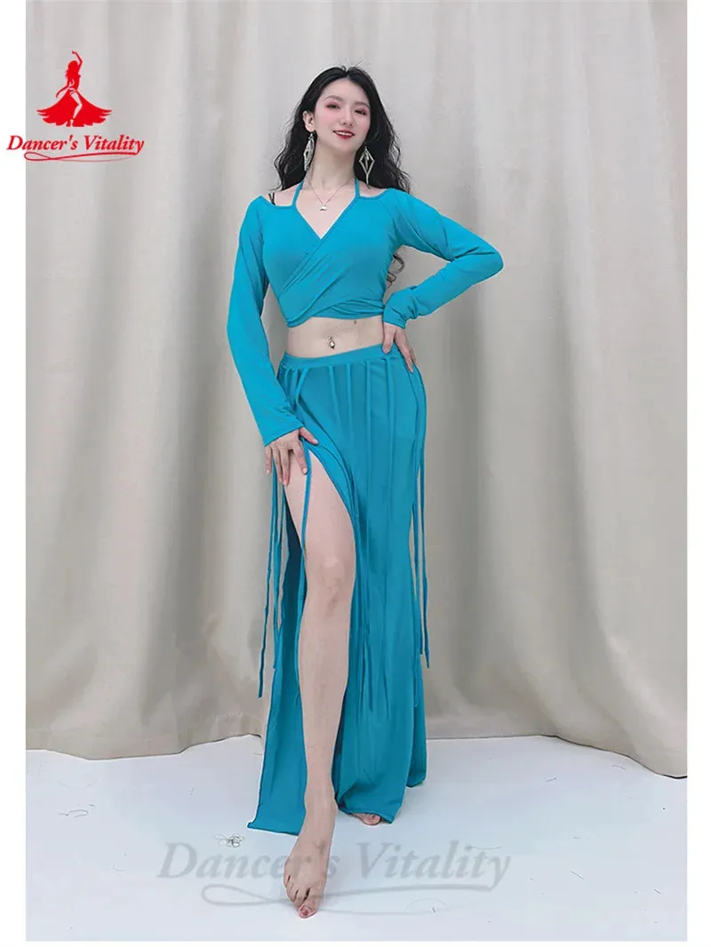 Belly Dance Costume Set for Women Long Sleeves Top tassel Long Skirt 2pcs Oriental Belly Dancing Practice Clothes Set