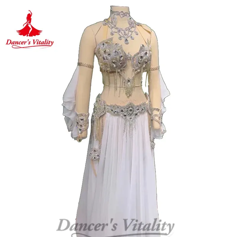 Belly Dance Costume Set Senior Diamond Bra Chiffon Long Skirt Hand Sleeves 3ps Oriental Dance Professional Performance Clothing