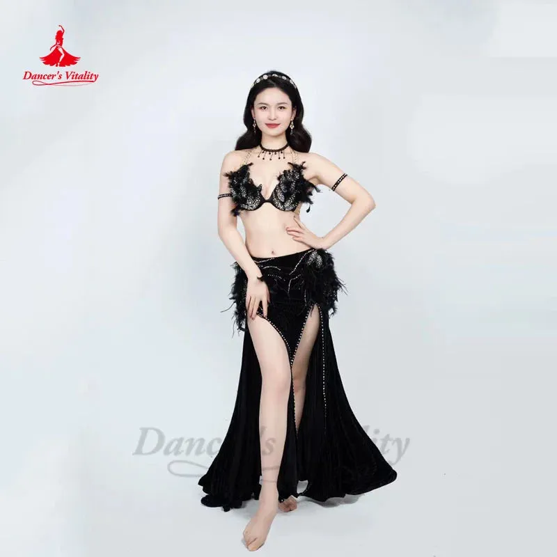 Belly Dancer Costume Set Women Customsized Senior Feather Bra Top split Long Skirt 2pcs Adult Child Oriental Bellydance Outfit