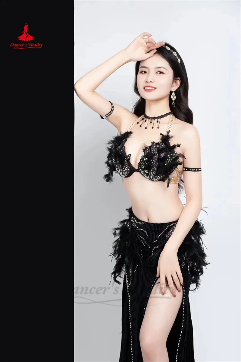 Belly Dancer Costume Set Women Customsized Senior Feather Bra Top split Long Skirt 2pcs Adult Child Oriental Bellydance Outfit