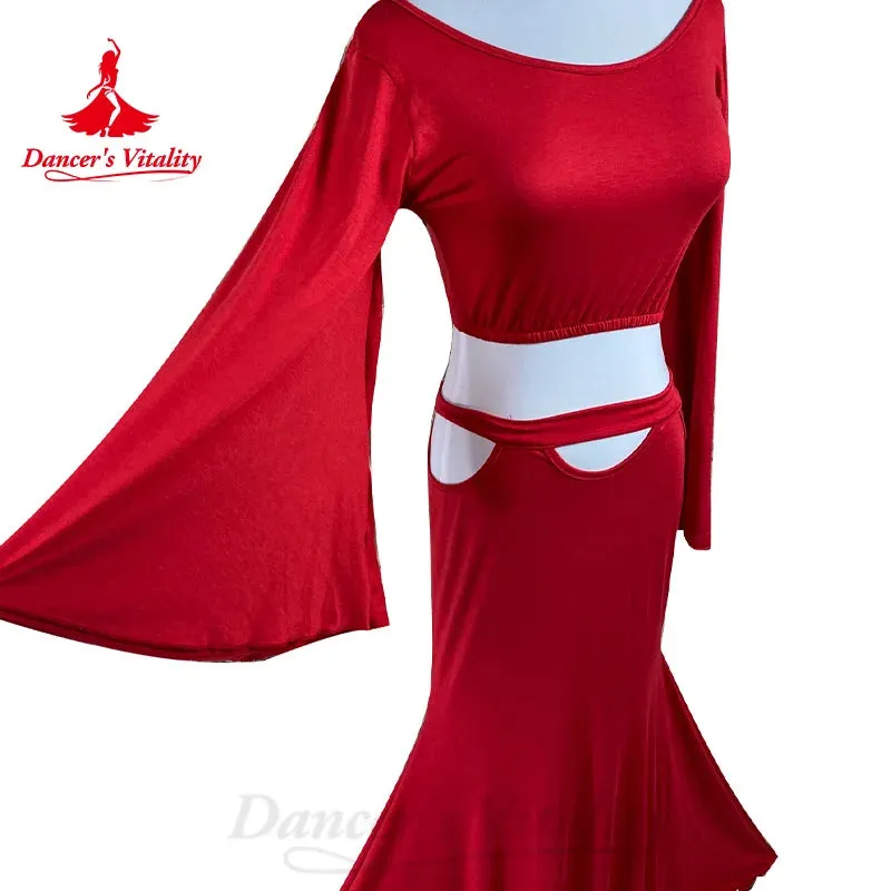 BellyDance Comfort Pure Cotton Set Customized Trumpet Sleeve Top sexy Hip Wrap Skirt 2pcs Oriental Dance Performance Costumes