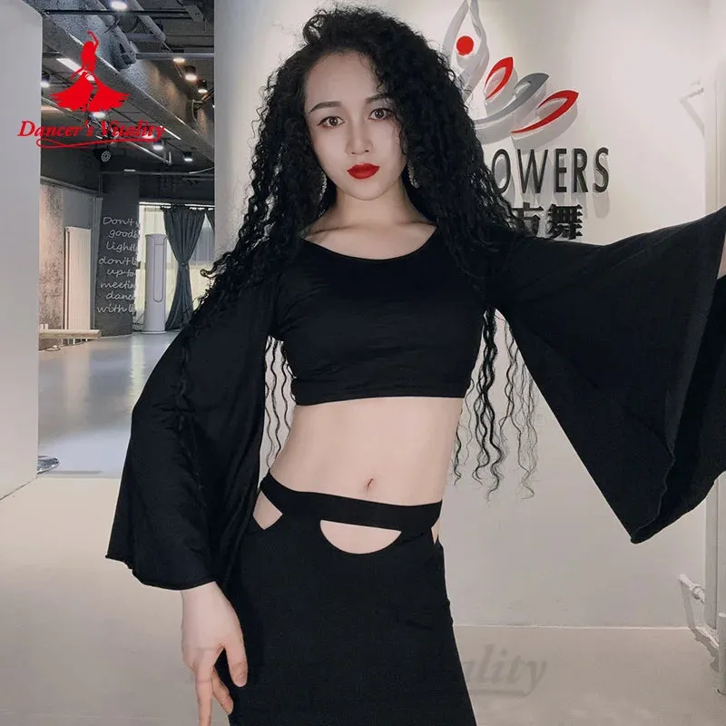 BellyDance Comfort Pure Cotton Set Customized Trumpet Sleeve Top sexy Hip Wrap Skirt 2pcs Oriental Dance Performance Costumes