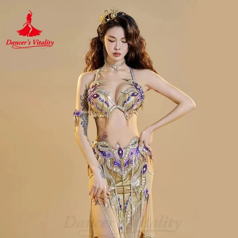 BellyDance Costume Women's Customization Senior AB Stones Bra Sexy Split Long Skirt 2pcs Oriental Dance Performance Costumes