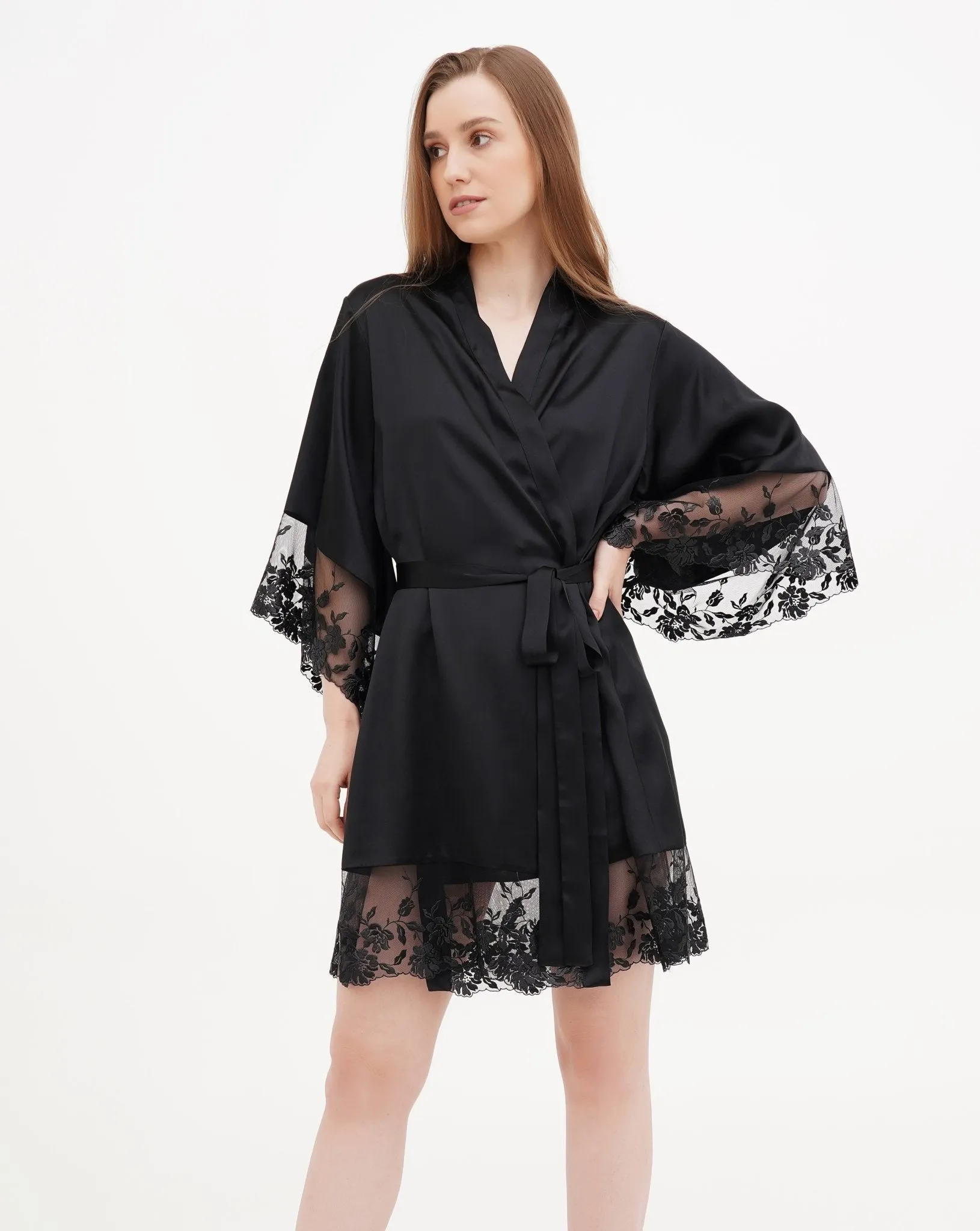 Black Orchid Silk Short Robe With Lace