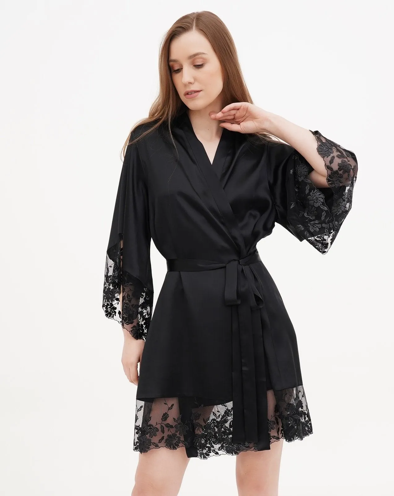 Black Orchid Silk Short Robe With Lace