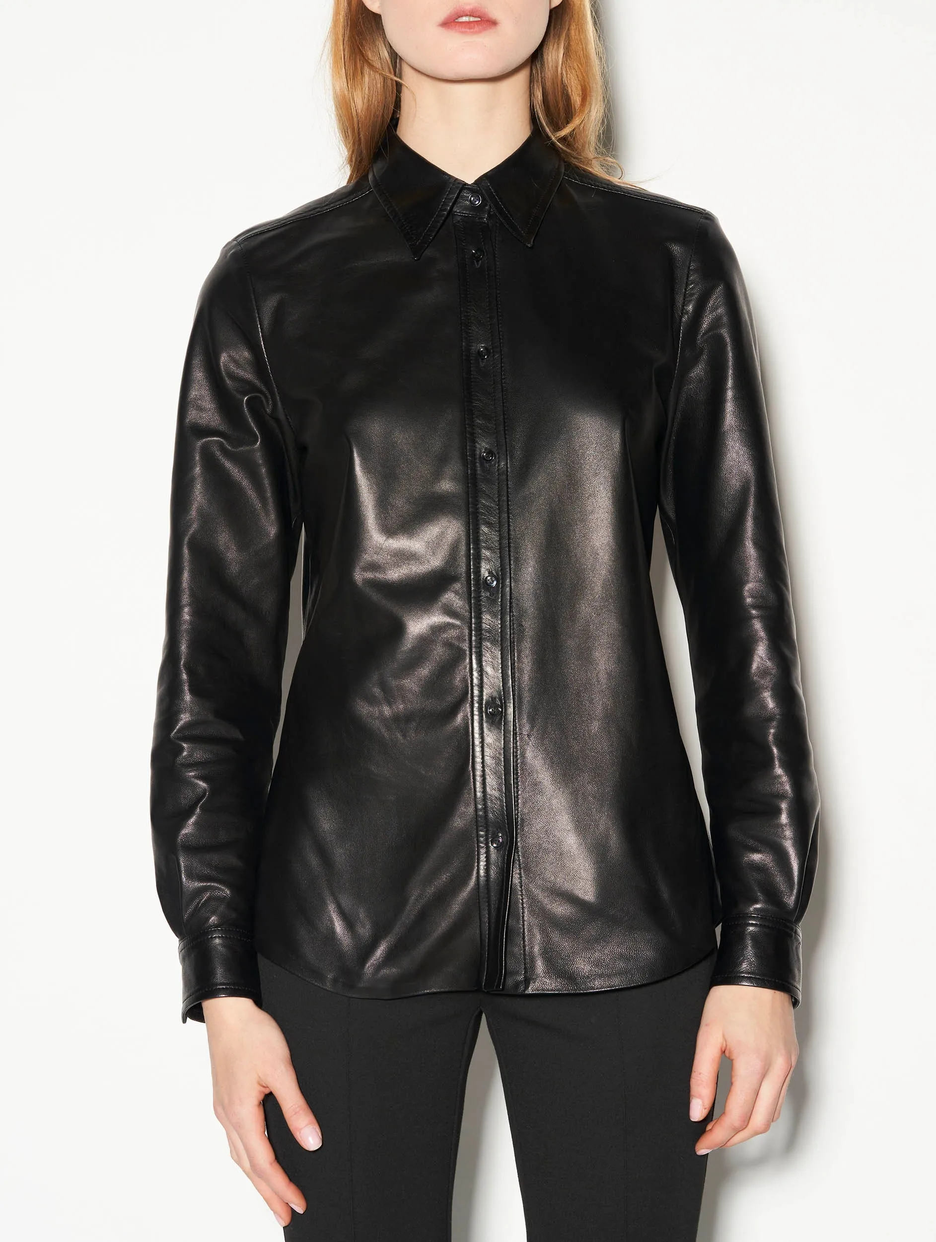 Black plongé leather fitted shirt