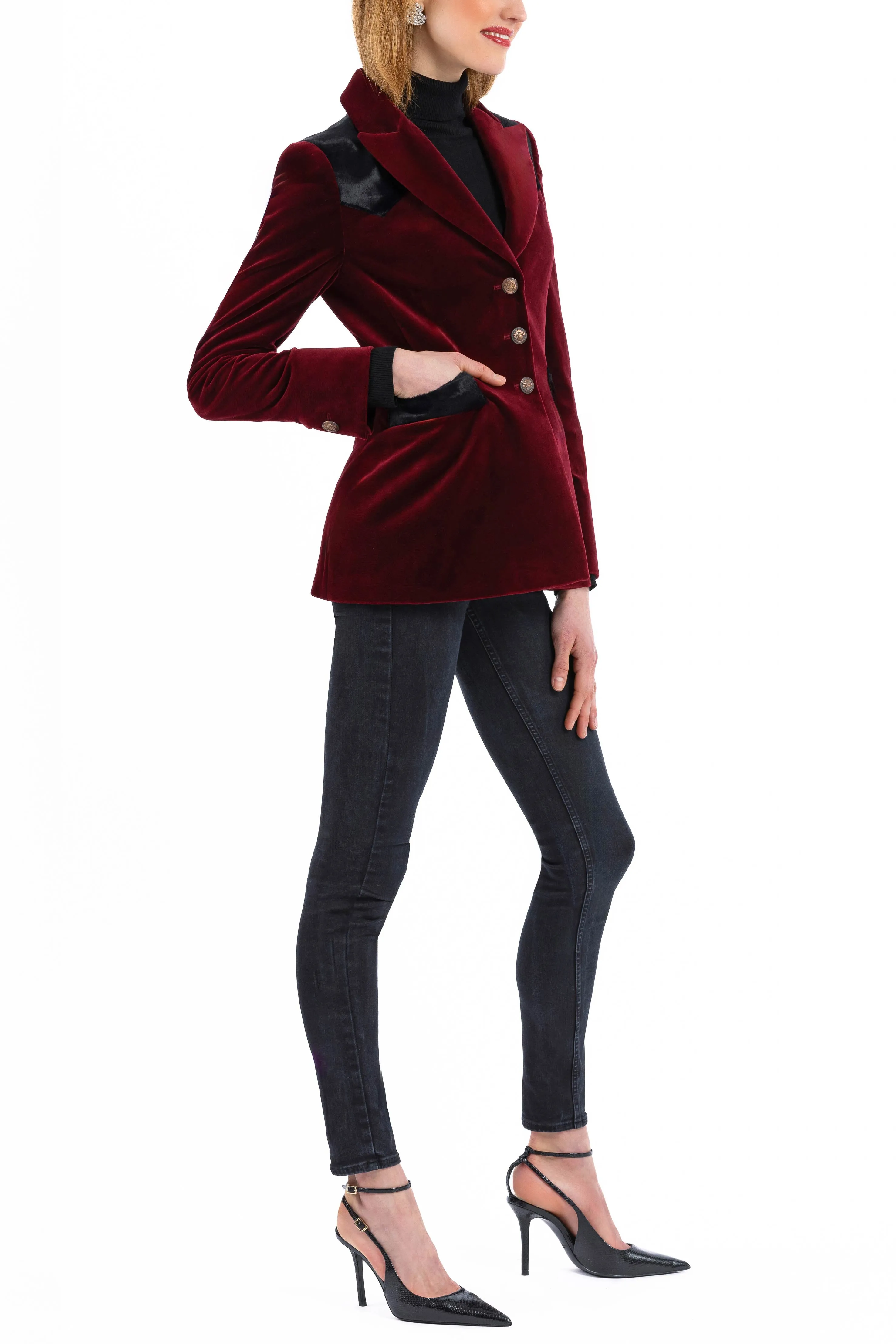 Blazer in deep crimson-red velvet with black pony-hair-velvet accents