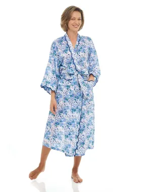 Blue Floral Print Kimono Robe with Scalloping