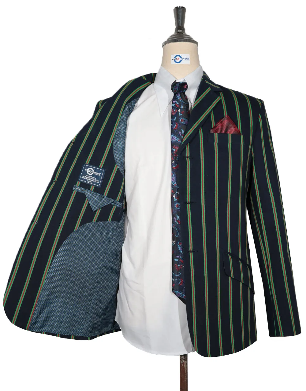 Boating Blazer - Dark Navy Blue and Green Striped Blazer