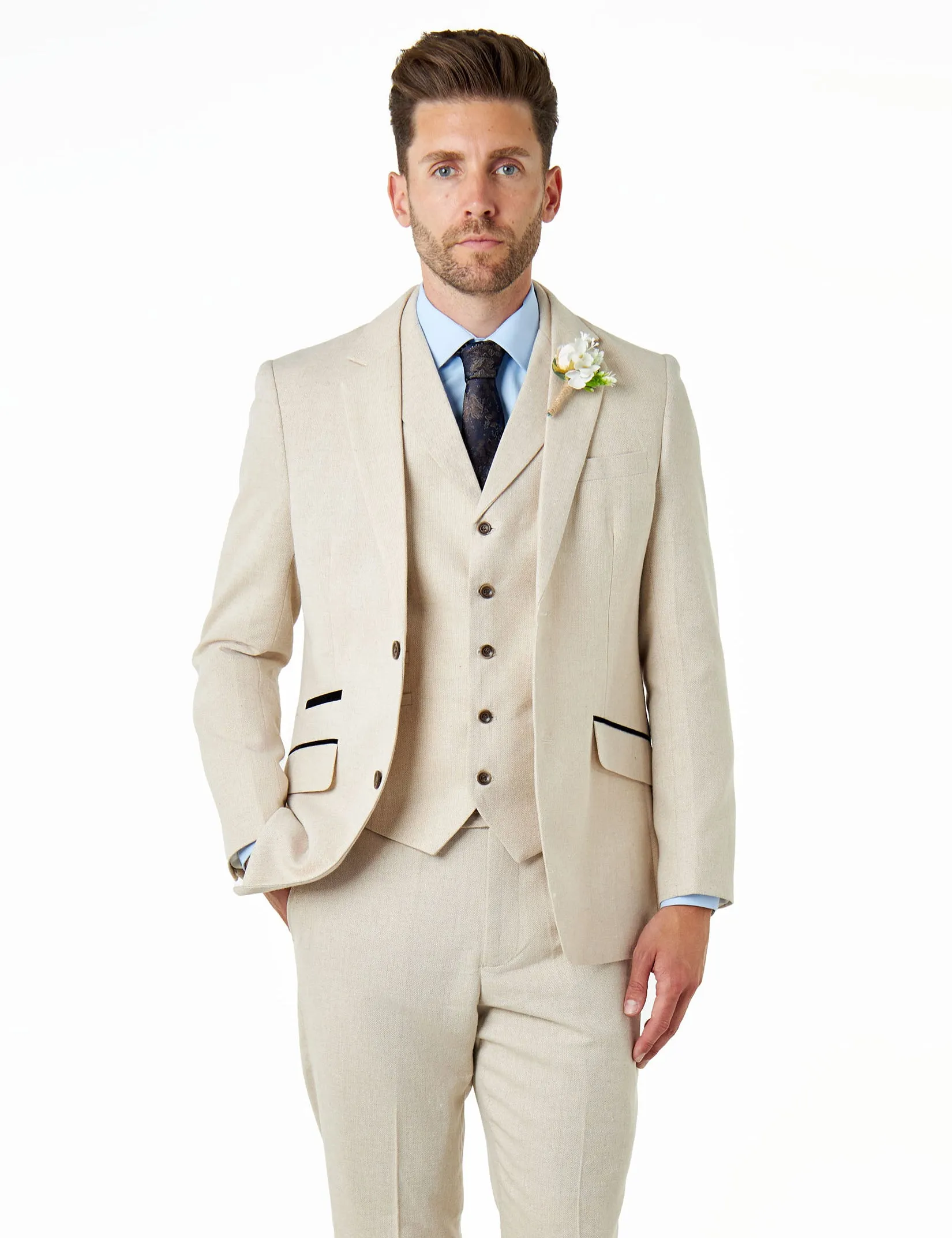 CALIX - Ivory Herringbone Tailored 3 Piece Suit