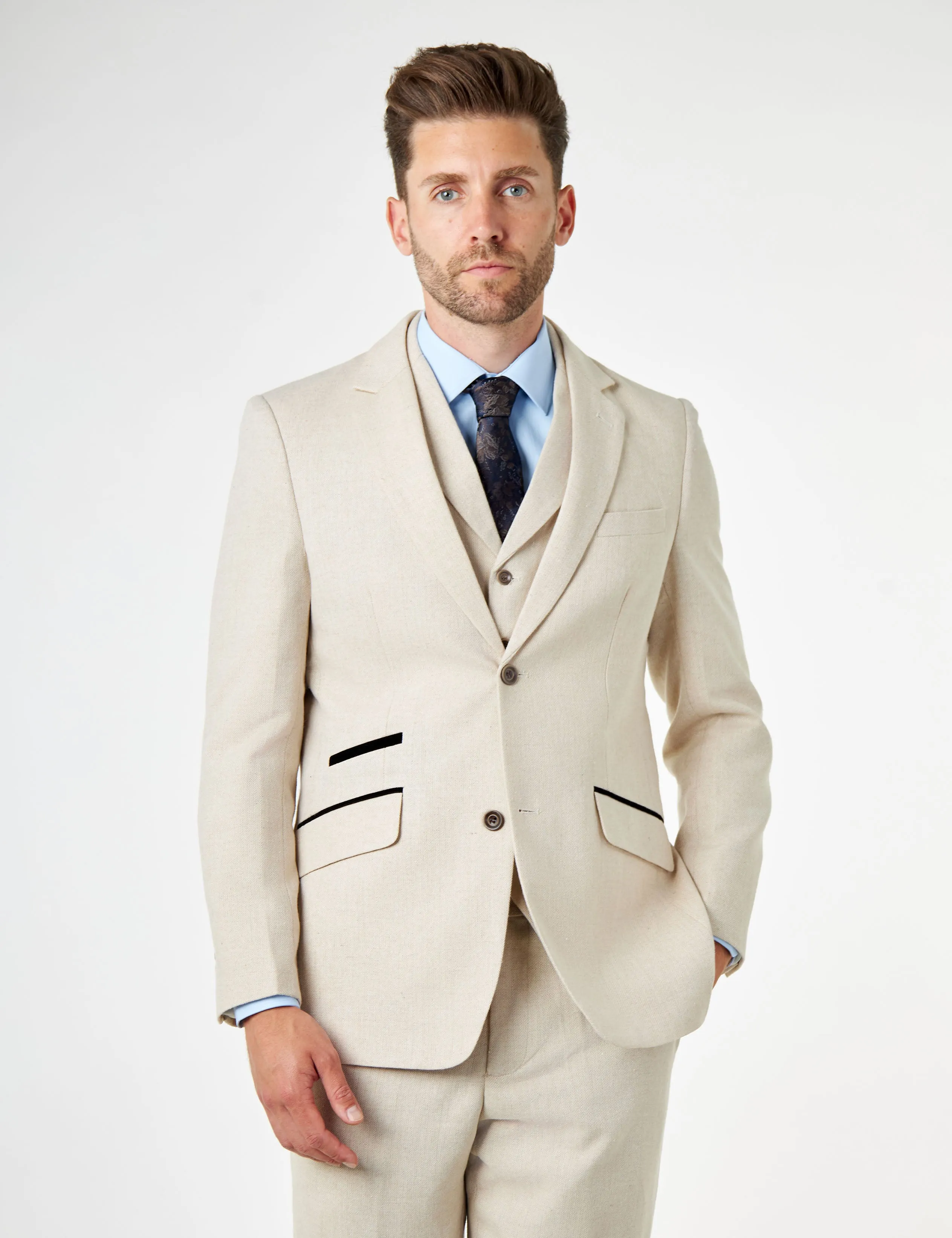 CALIX - Ivory Herringbone Tailored 3 Piece Suit