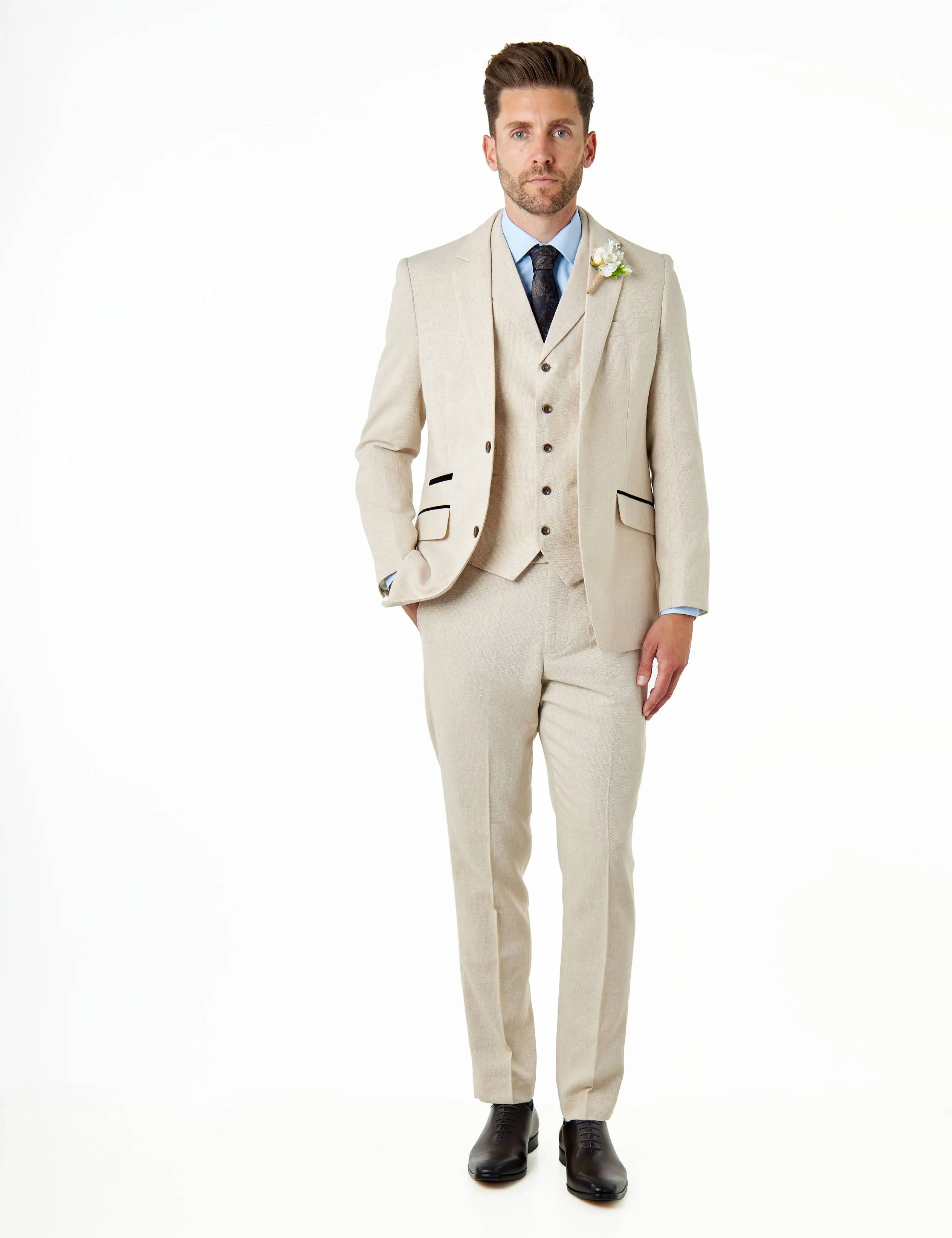 CALIX - Ivory Herringbone Tailored 3 Piece Suit