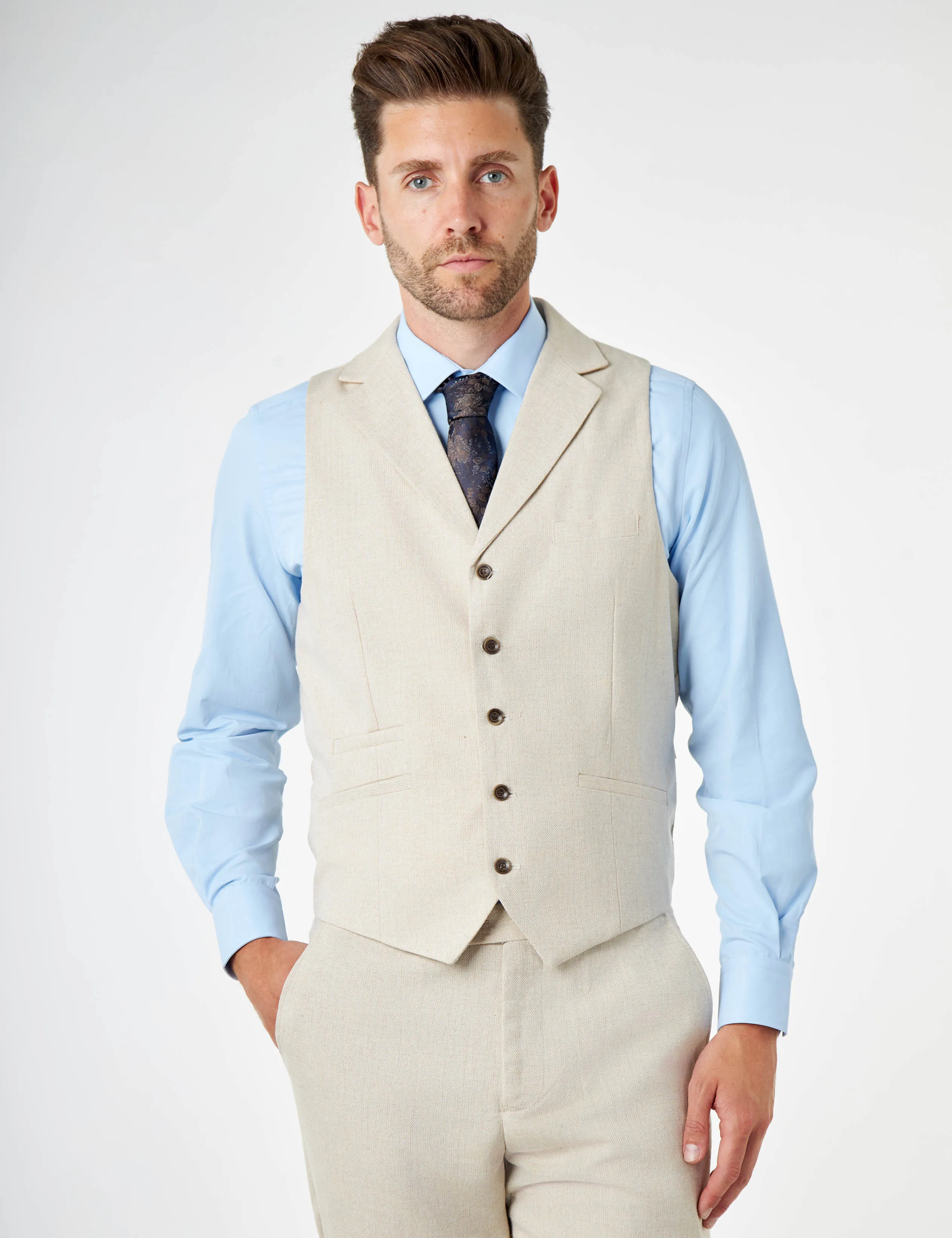 CALIX - Ivory Herringbone Tailored 3 Piece Suit