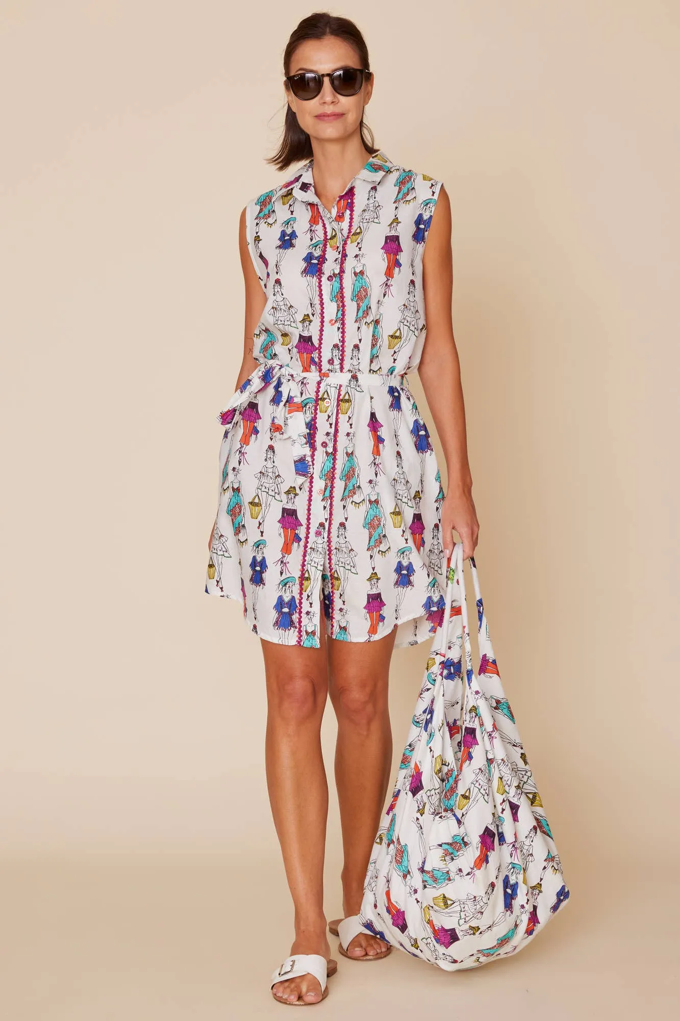 Carlotta Sleeveless Sassy Belted Embellished Shirt Dress