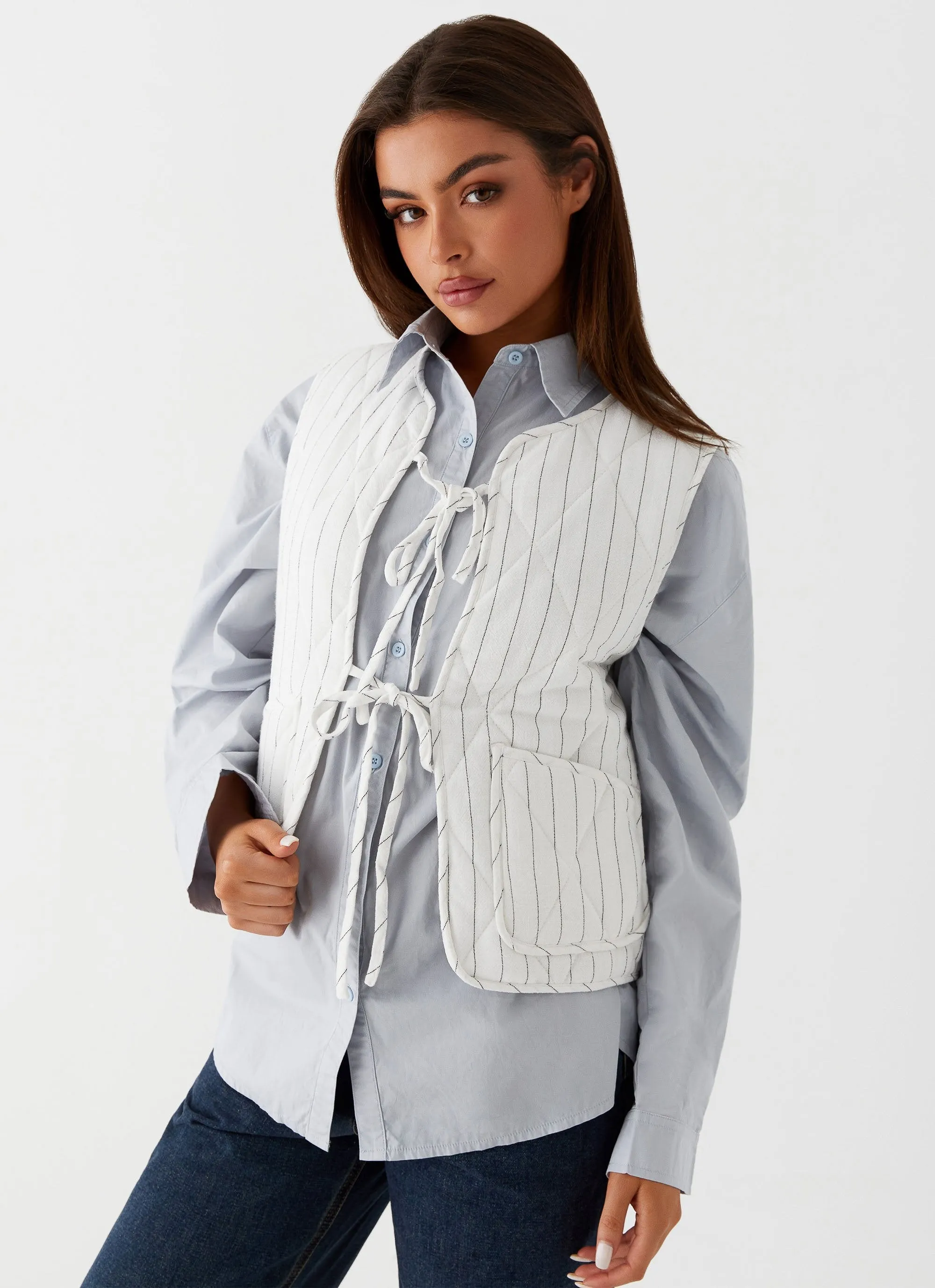 Celini Quilted Vest - White Pinstripe