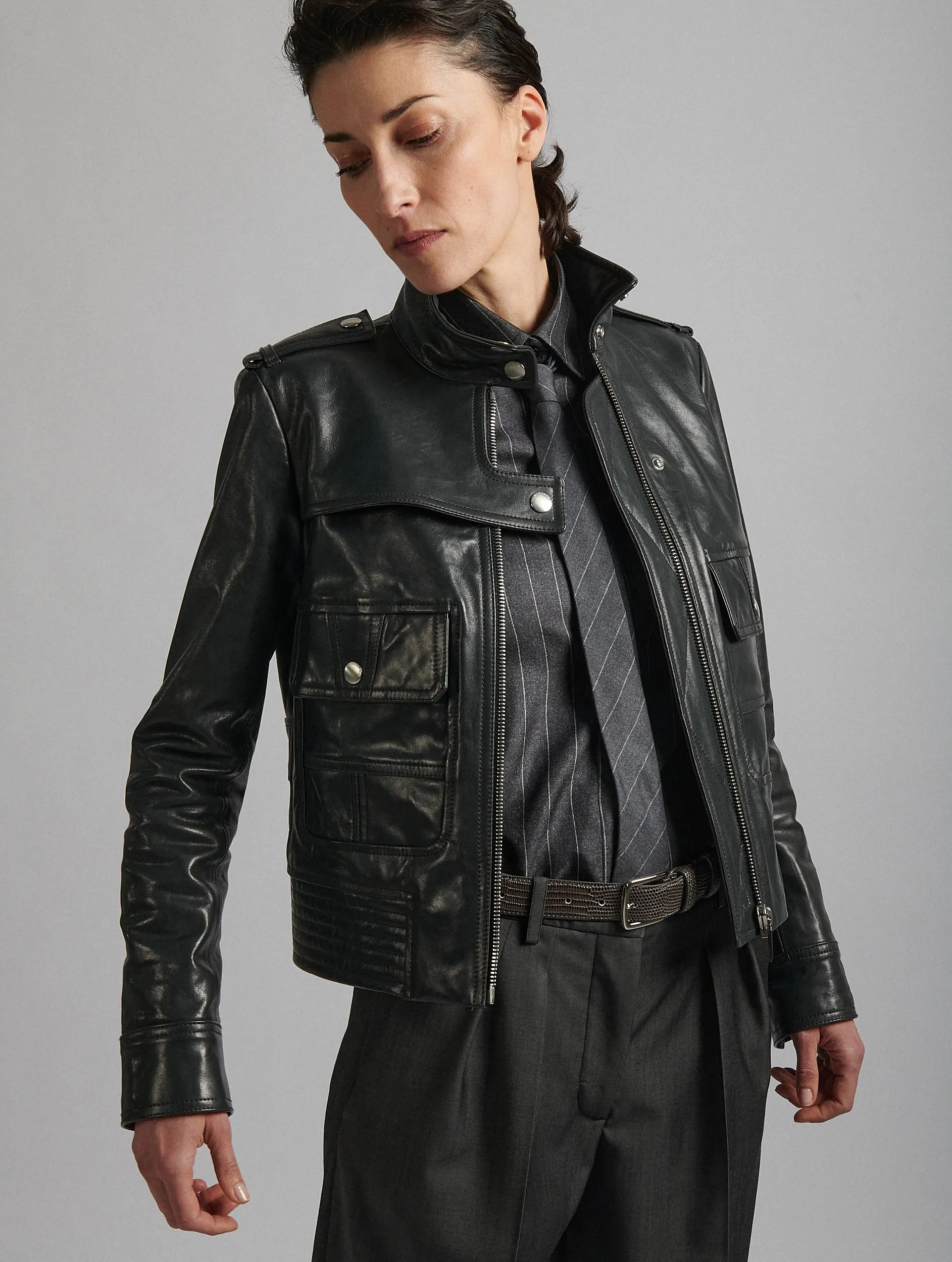 Charcoal grey leather pilot jacket